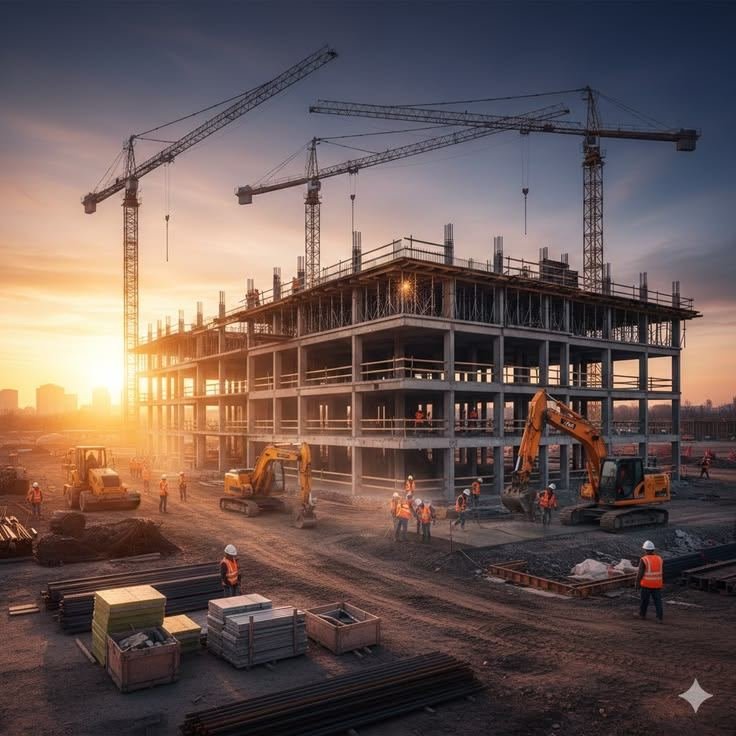Multi-storey structure under construction at sunset