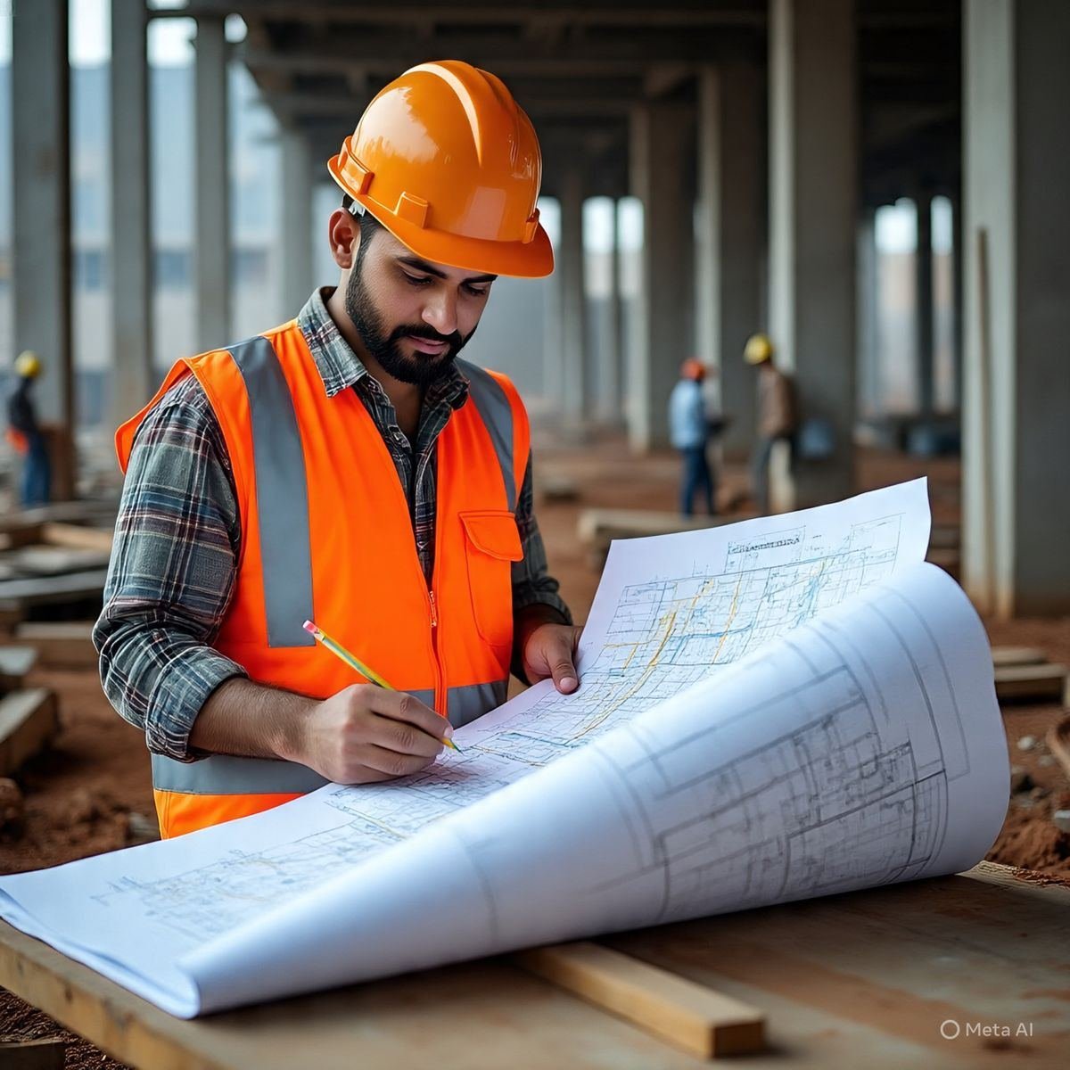 Engineer in orange vest marking up a blueprint drawing on site
