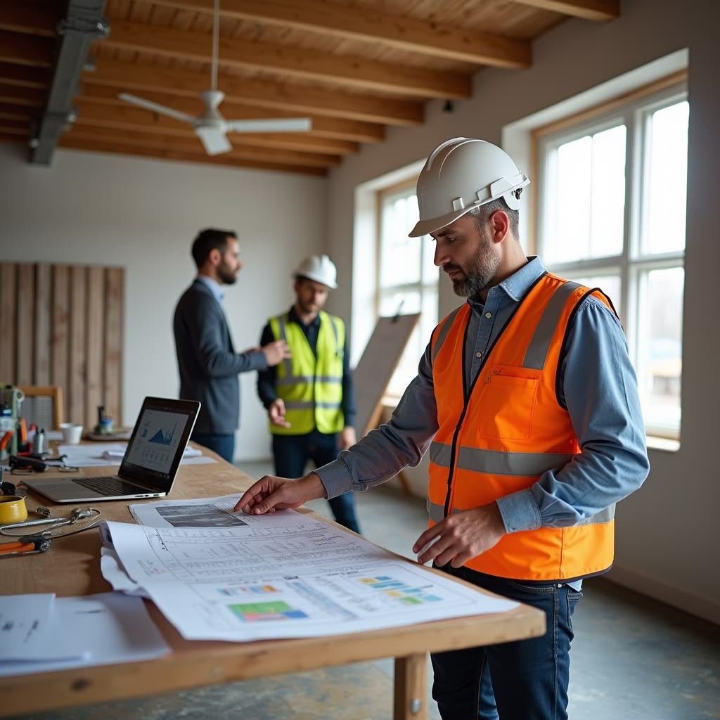 Site inspection with drawing sheets on table