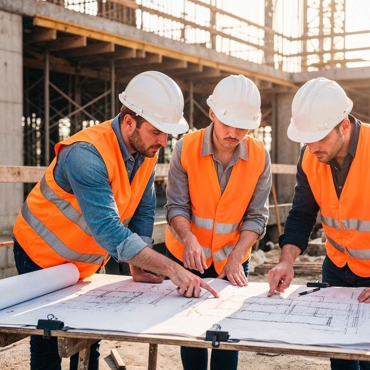 Three engineers reviewing blueprint drawings on site