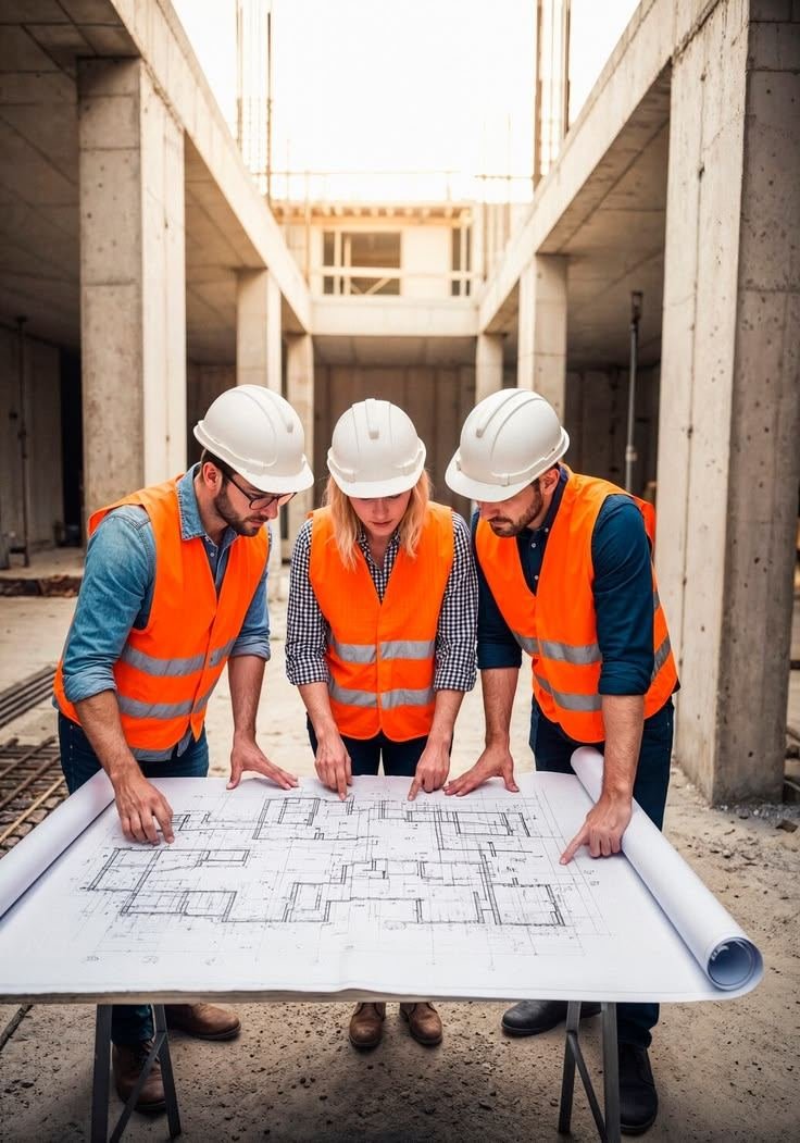 Team reviewing floor plan drawing