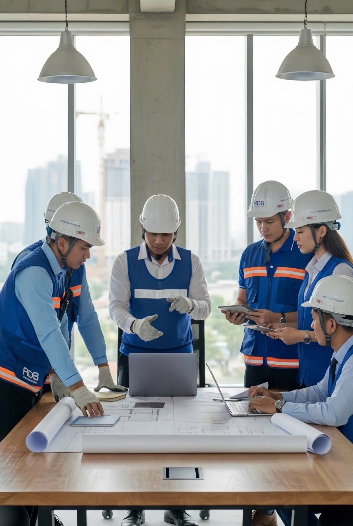 Engineering team reviewing blueprints at a construction site meeting