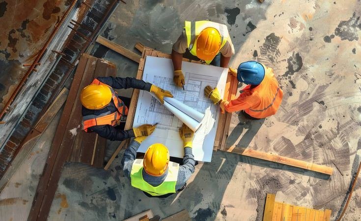 Team reviewing building plans on site with a safety officer present